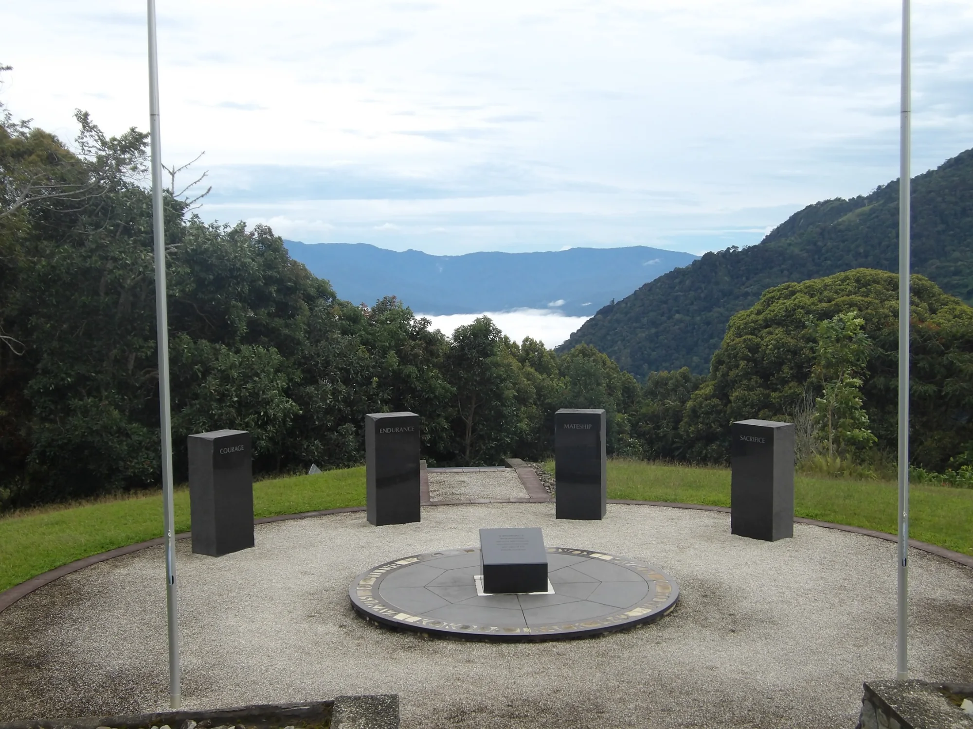 The four pillars at the Isurava Memorial: Courage, Endurance, Mateship and Sacrifice